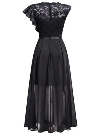 Robe longue de soirée asymétrique en dentelle à fleurs et volants années 1930
