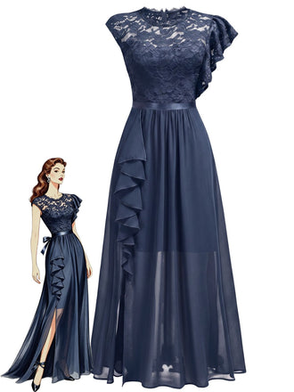 Robe longue de soirée asymétrique en dentelle à fleurs et volants années 1930