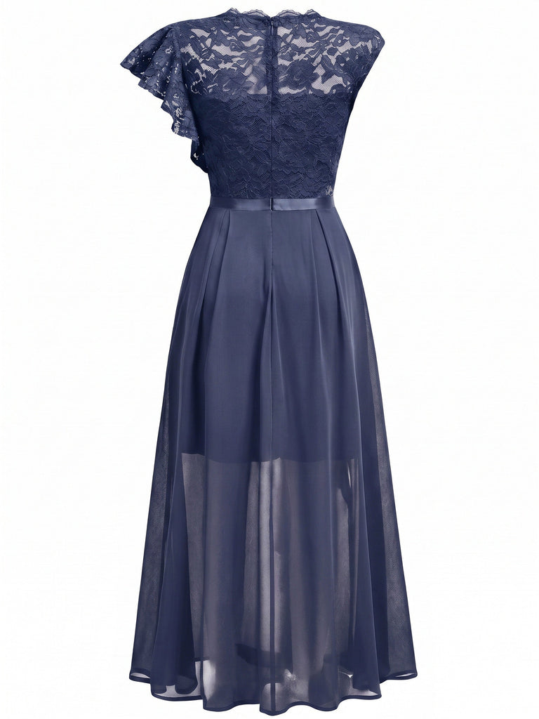 Robe longue de soirée asymétrique en dentelle à fleurs et volants années 1930