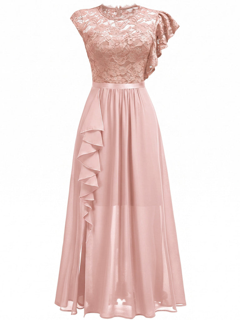 Robe longue de soirée asymétrique en dentelle à fleurs et volants années 1930
