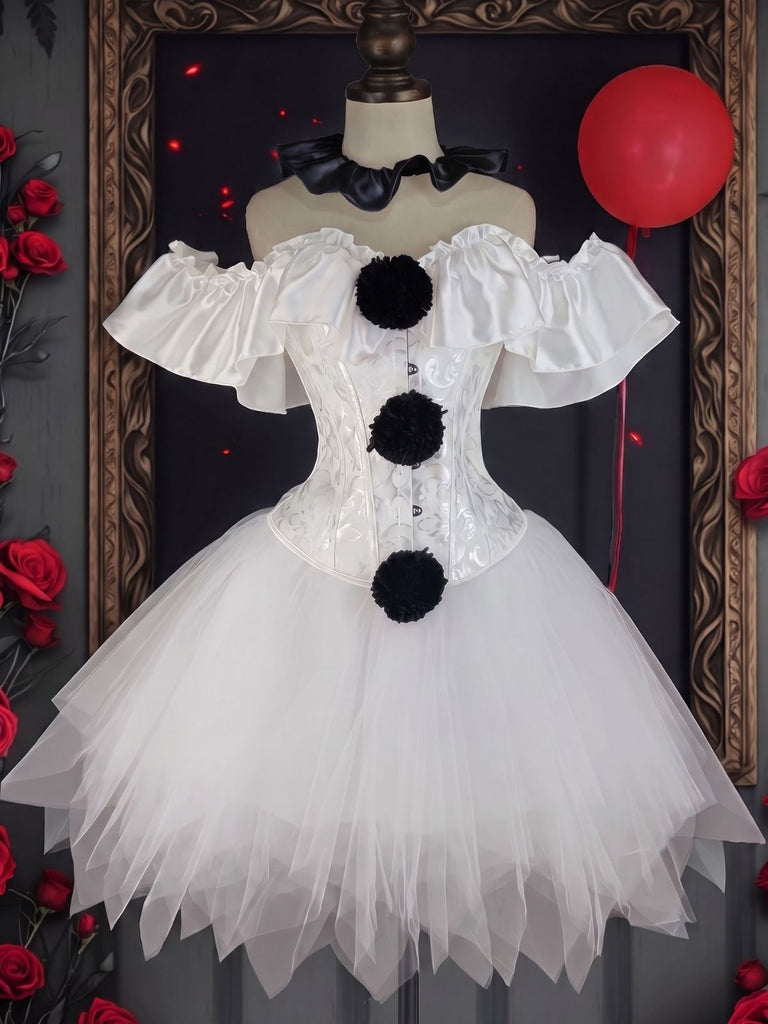 Ensemble de costume de clown avec corset épaules dénudées et jupe pour Halloween années 1950