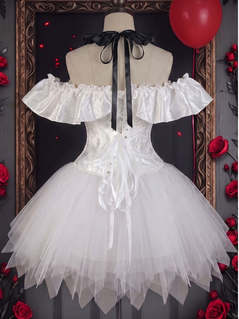Ensemble de costume de clown avec corset épaules dénudées et jupe pour Halloween années 1950