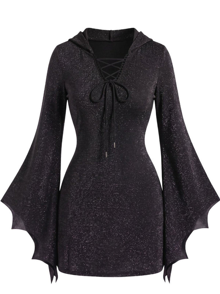 Robe Halloween à manches chauve-souris, col V et liens Années 1960