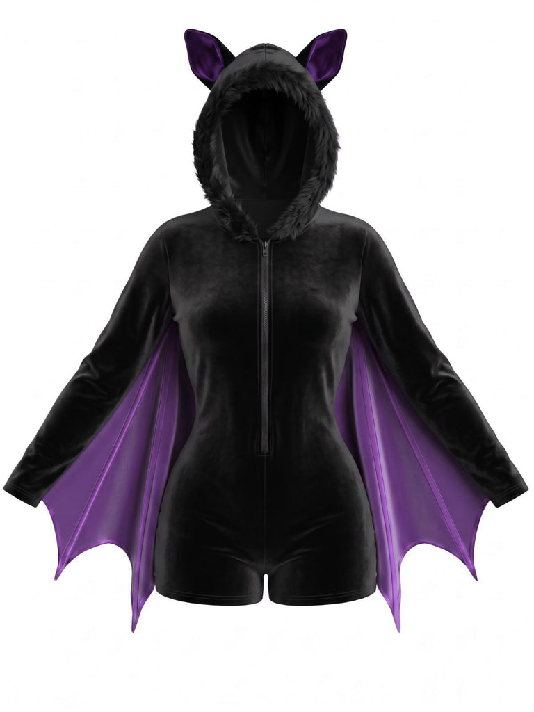 Combishort Violet d’Halloween ailes de chauve-souris en Velours à Capuche années 1960