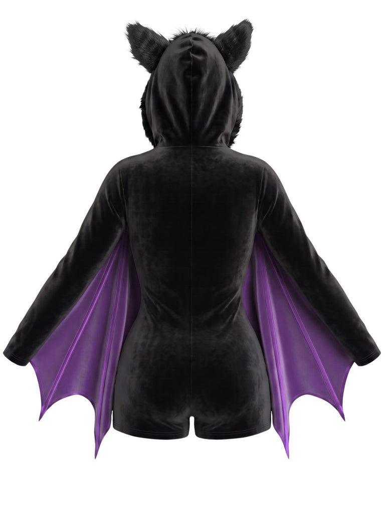 Combishort Violet d’Halloween ailes de chauve-souris en Velours à Capuche années 1960