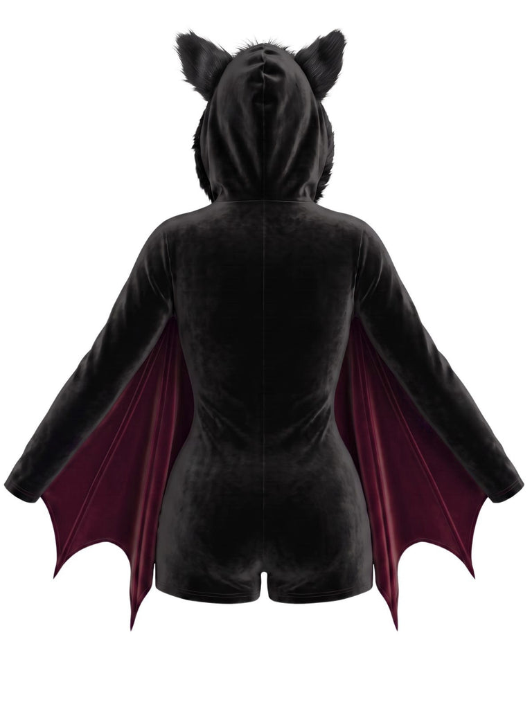 Combishort Violet d’Halloween ailes de chauve-souris en Velours à Capuche années 1960