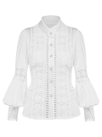 Blouse en dentelle à empiècements et manches ballon boutonnées années 1950 - 1