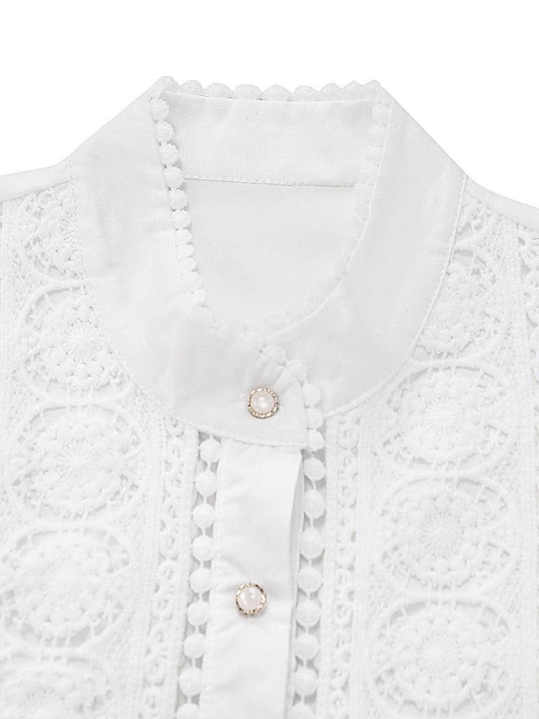 Blouse en dentelle à empiècements et manches ballon boutonnées années 1950 - 3