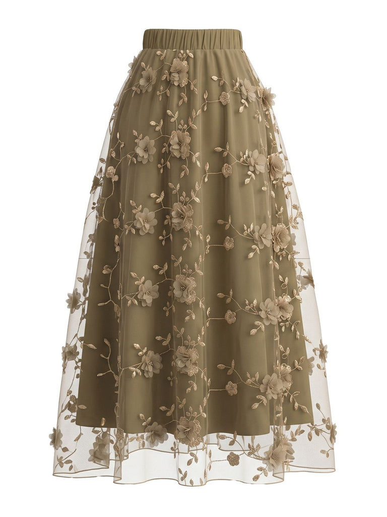 Jupe résille broderies florales relief années 1950