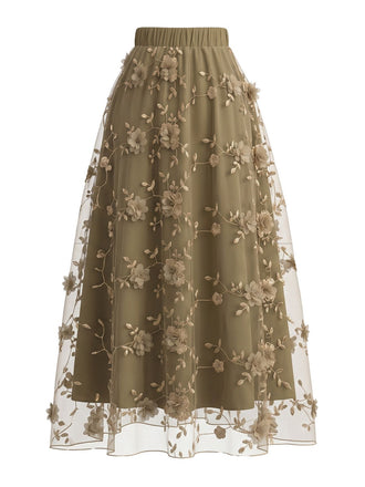 Jupe résille broderies florales relief années 1950