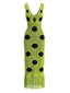 Robe pois col V maille ajourée et ourlet franges années 80