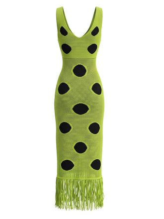 Robe à pois en maille ajourée, col V et franges années 1980