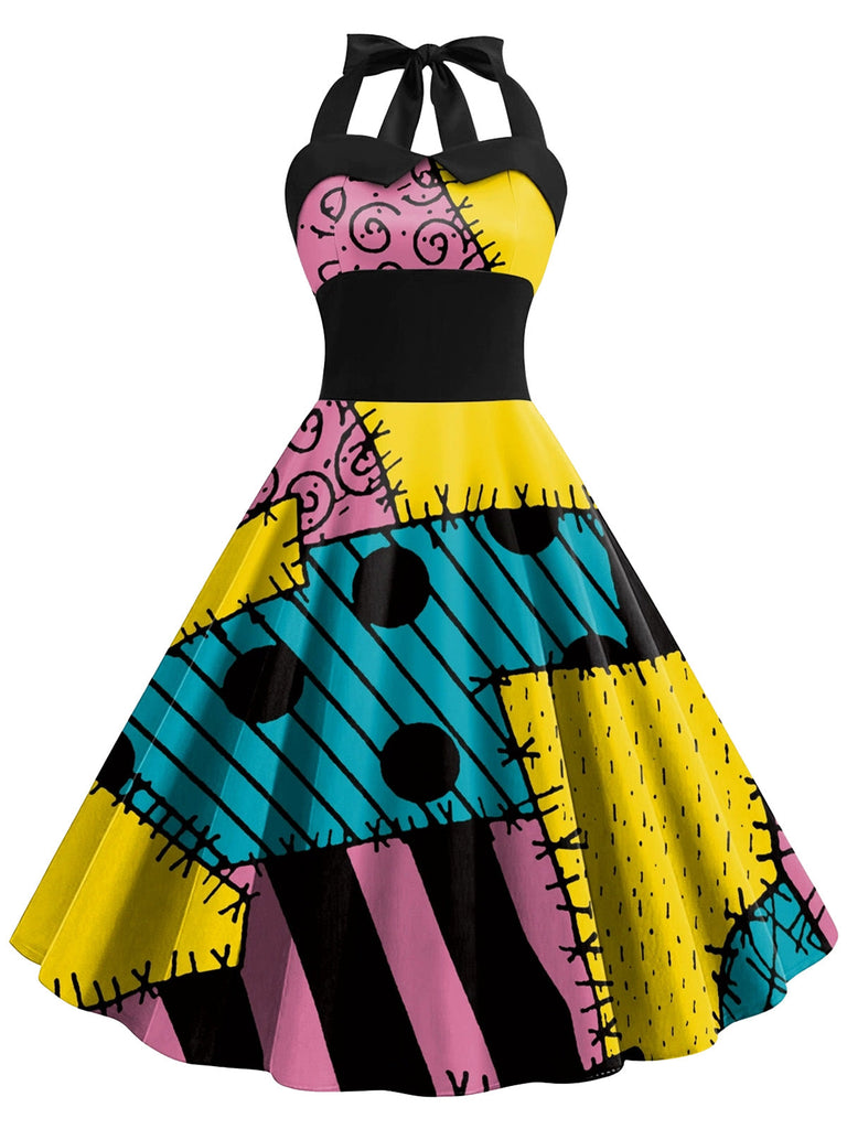 Robe de cosplay Sally d’Halloween à imprimé patchwork et dos nu Halter années 1950
