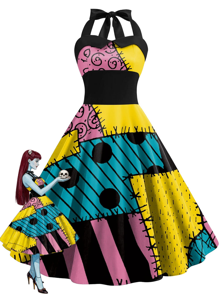 Robe de cosplay Sally d’Halloween à imprimé patchwork et dos nu Halter années 1950
