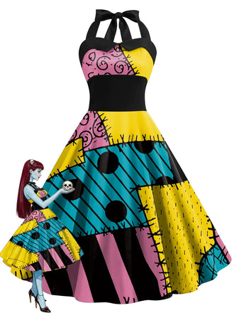 Robe de cosplay Sally d’Halloween à imprimé patchwork et dos nu Halter années 1950