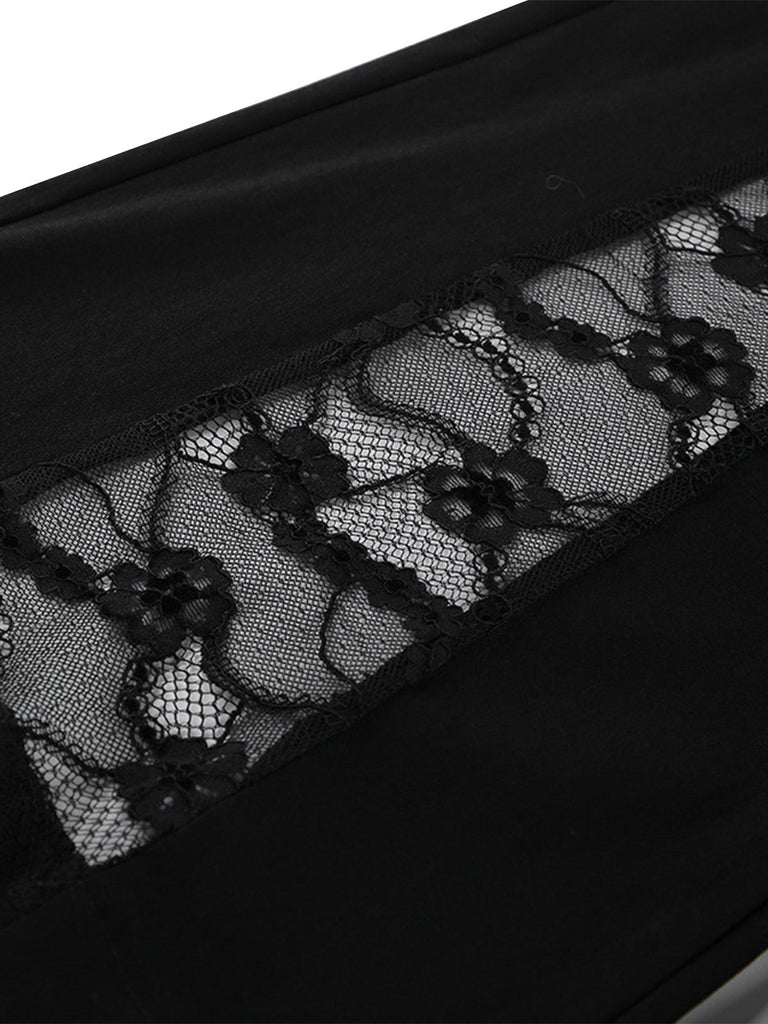 Pantalon évasé noir taille haute à empiècements de dentelle florale années 1950