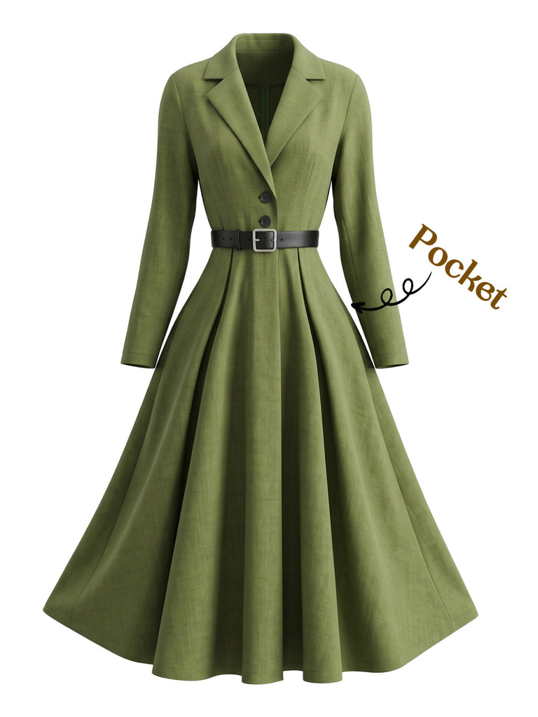 Robe vert olive à revers, manches longues et ceinture années 1950