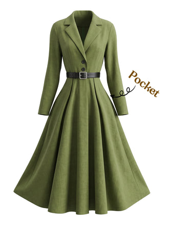 Robe vert olive à revers, manches longues et ceinture années 1950