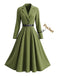 Robe vert olive à revers, manches longues et ceinture années 1950