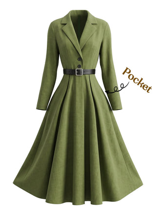 Robe vert olive manches longues col revers et ceinture années 50