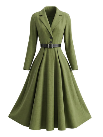 Robe vert olive à revers, manches longues et ceinture années 1950