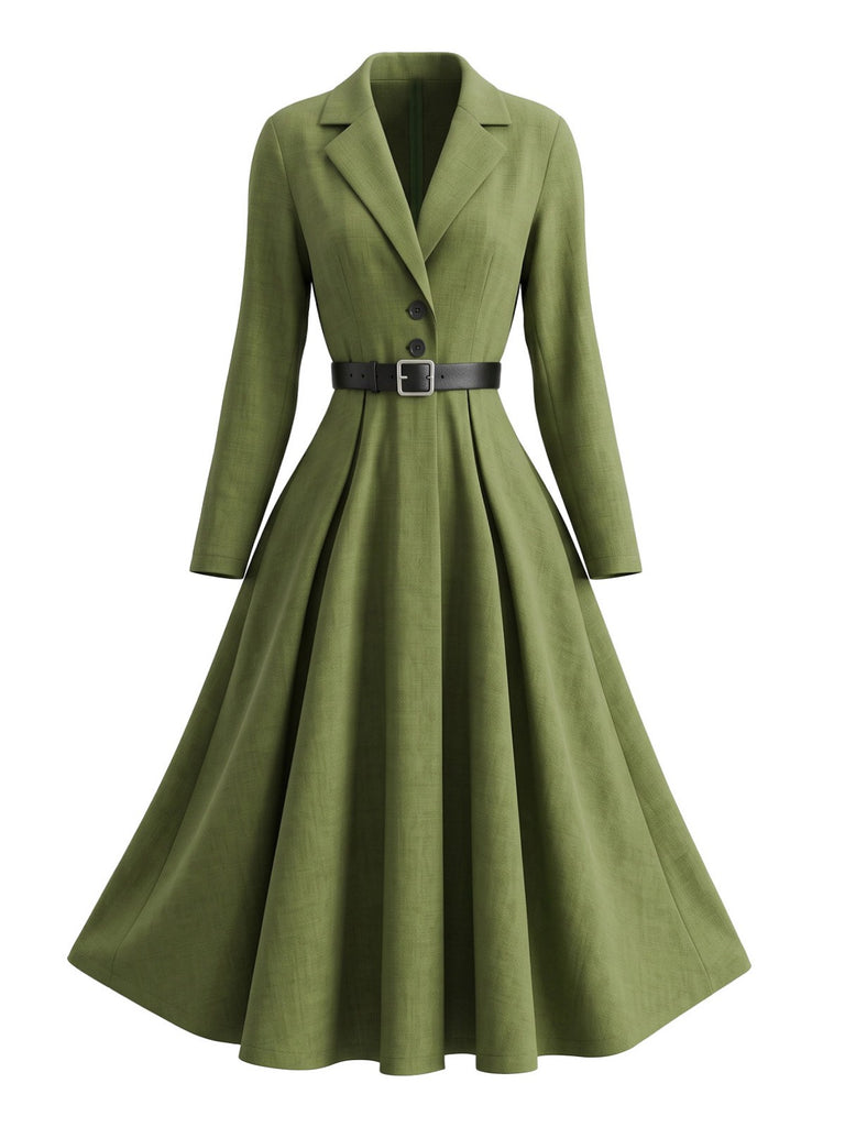 Robe vert olive manches longues col revers et ceinture années 50
