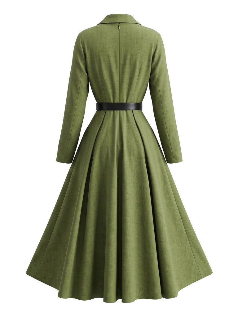 Robe vert olive à revers, manches longues et ceinture années 1950