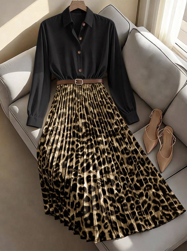 Robe chemise léopard plissée et ceinturée années 1950
