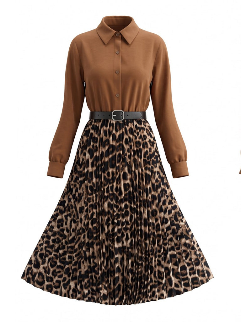 Robe chemise léopard plissée et ceinturée années 1950