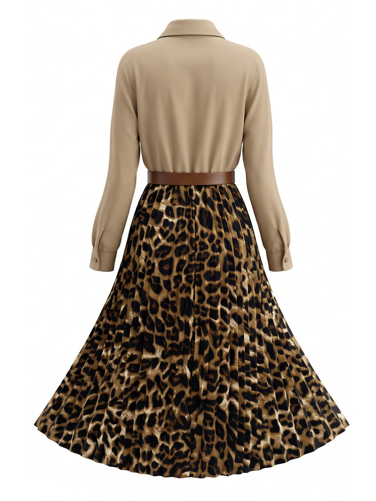 Robe chemise léopard plissée et ceinturée années 1950