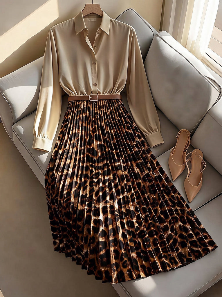 Robe chemise léopard plissée et ceinturée années 1950