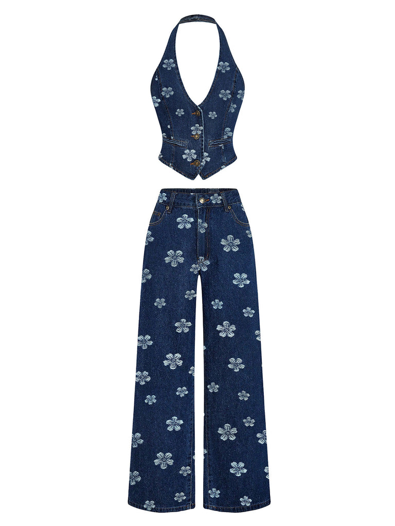 Ensemble deux pièces bleu en denim, haut et pantalon brodés de marguerites années 1970 - 1