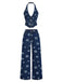 Ensemble deux pièces bleu en denim, haut et pantalon brodés de marguerites années 1970 - 1
