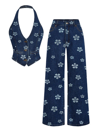 Ensemble deux pièces bleu en denim, haut et pantalon brodés de marguerites années 1970 - 2