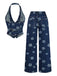 Ensemble deux pièces bleu en denim, haut et pantalon brodés de marguerites années 1970 - 3