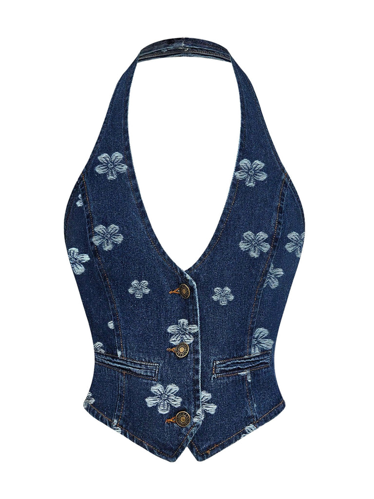 Ensemble deux pièces bleu en denim, haut et pantalon brodés de marguerites années 1970 - 4