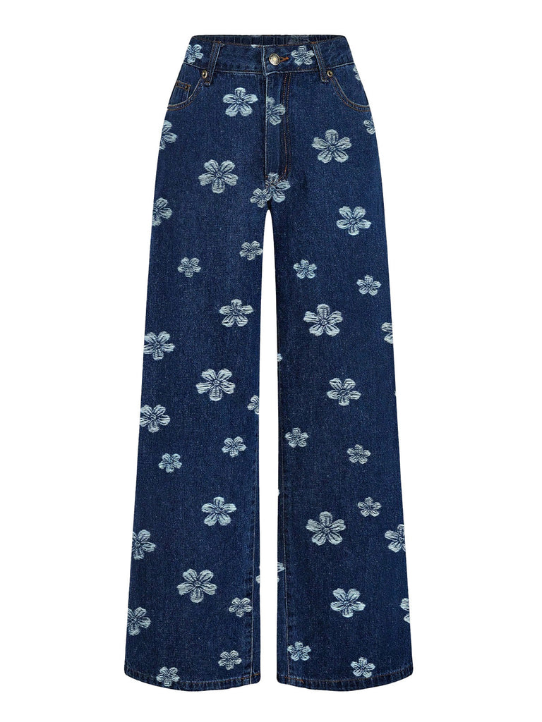 Ensemble deux pièces bleu en denim, haut et pantalon brodés de marguerites années 1970 - 5