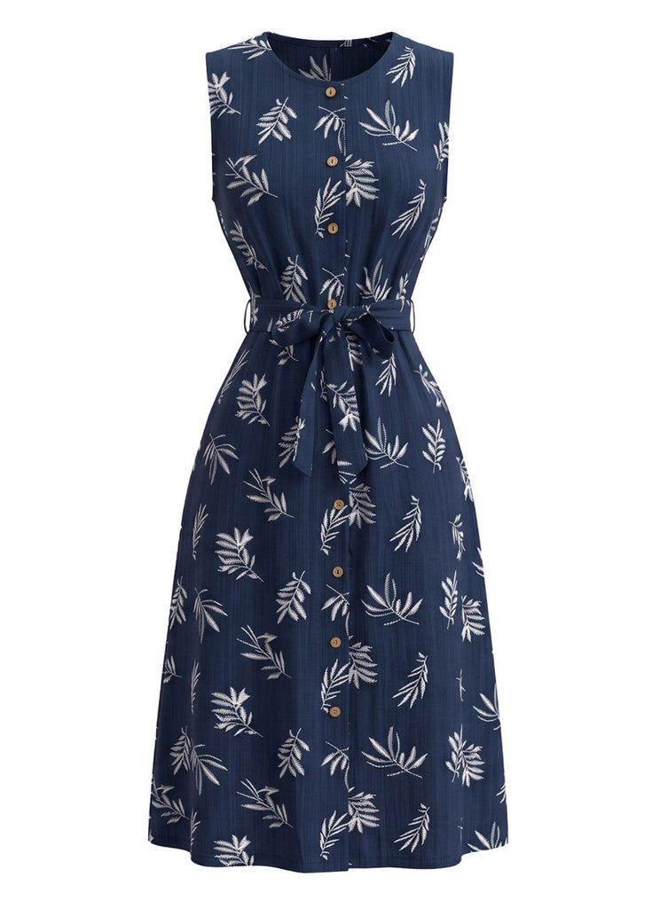 Robe ceinturée à col rond et motif de feuilles botaniques années 1950