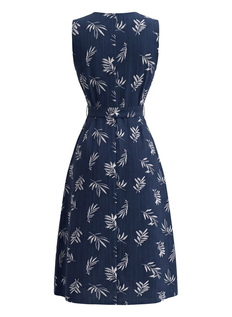 Robe ceinturée à col rond et motif de feuilles botaniques années 1950