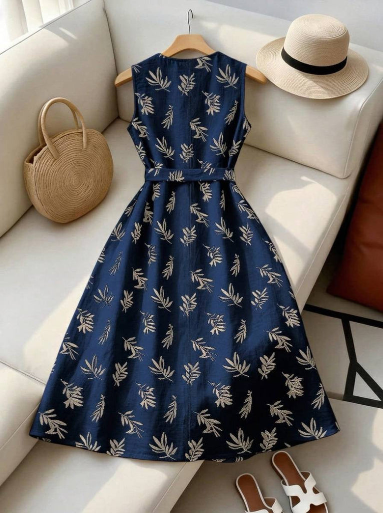 Robe ceinturée à col rond et motif de feuilles botaniques années 1950