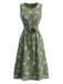 Robe ceinturée à col rond et motif de feuilles botaniques années 1950