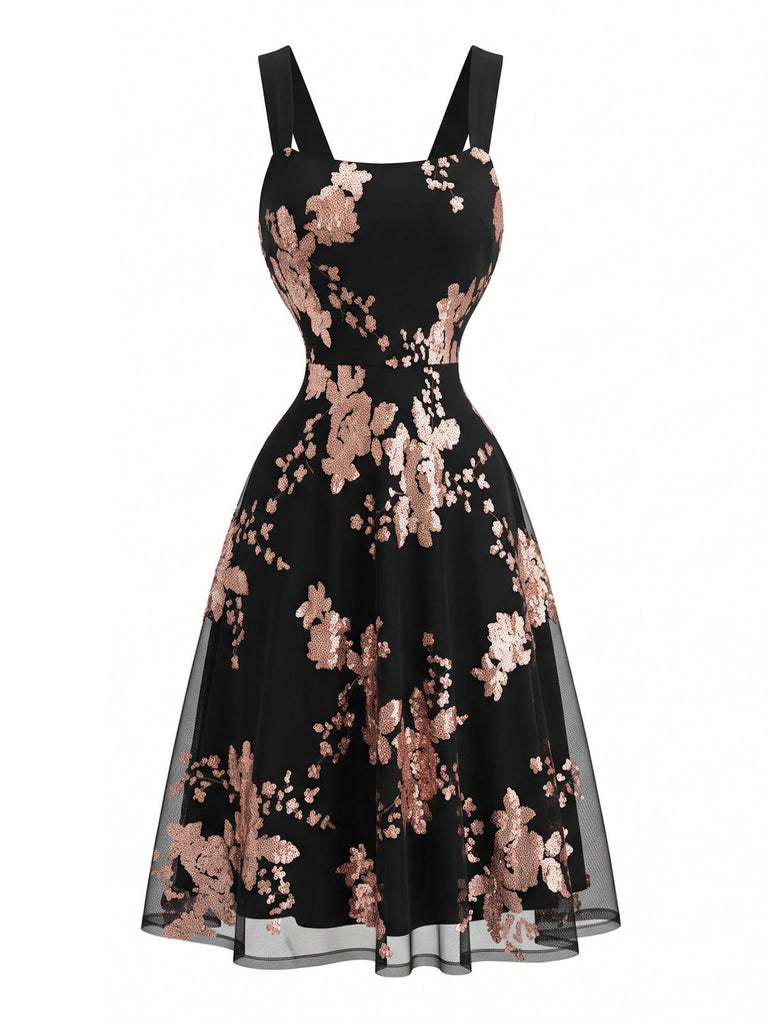 Robe évasée noire en tulle fleuri à sequins or rose années 1950