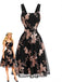 Robe évasée noire en tulle fleuri à sequins or rose années 1950