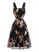 Robe évasée noire en tulle fleuri à sequins or rose années 1950
