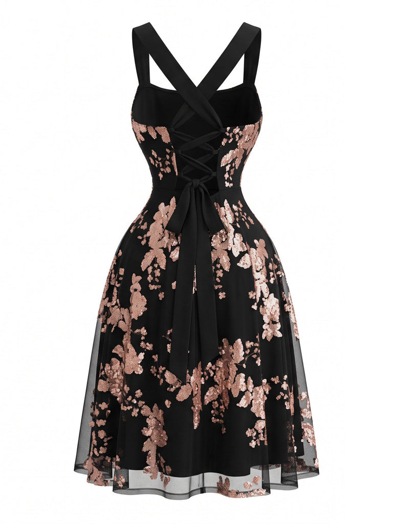 Robe évasée noire en tulle fleuri à sequins or rose années 1950