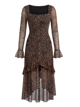 Robe café clair à motif léopard, manches longues et ourlet à volants années 1980 - 1