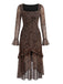 Robe café clair à motif léopard, manches longues et ourlet à volants années 1980 - 1