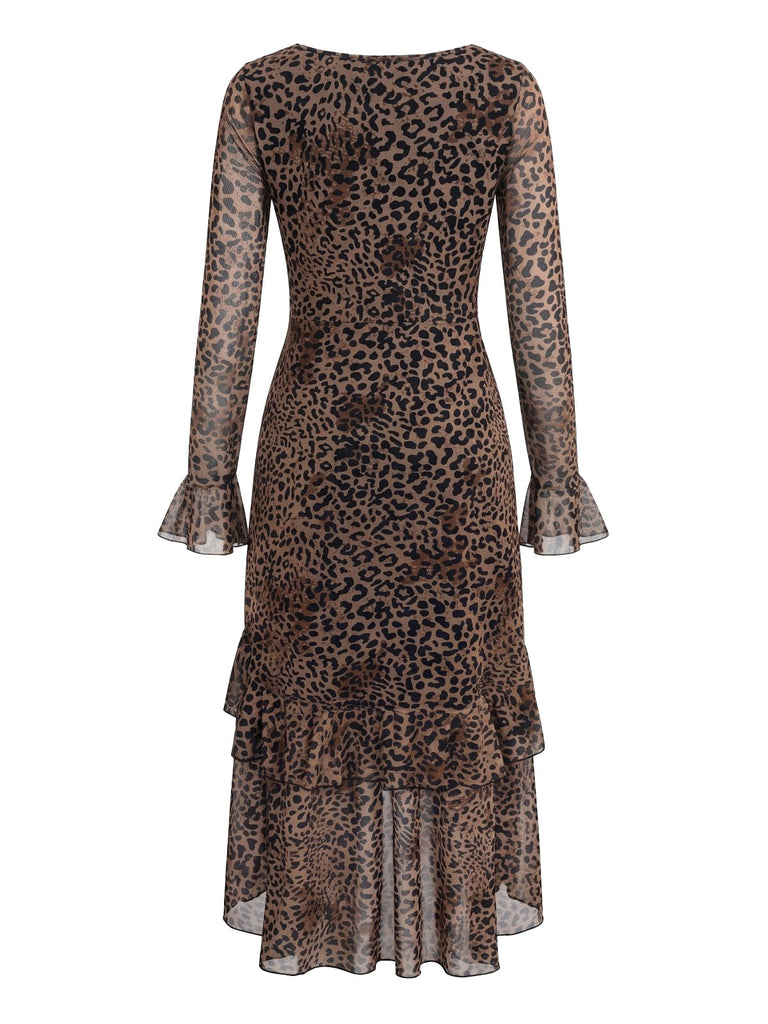 Robe café clair à motif léopard, manches longues et ourlet à volants années 1980 - 2