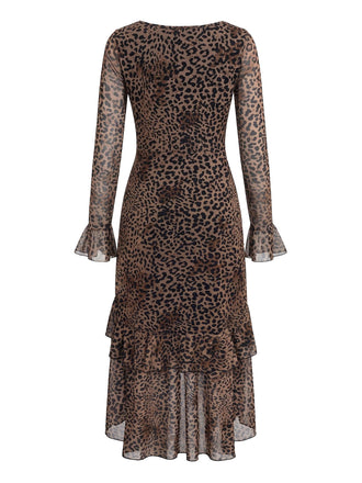 Robe café clair à motif léopard, manches longues et ourlet à volants années 1980 - 2