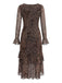 Robe café clair à motif léopard, manches longues et ourlet à volants années 1980 - 2